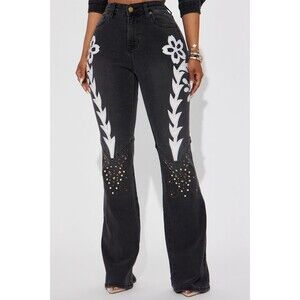 Fashion Nova Jolene Stretch Flare Jeans Size 9‎ / 28 Black Embroidered Rivets